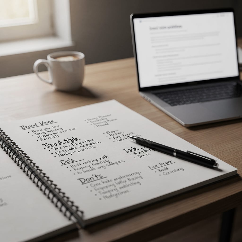 Brand voice, tone, and style guidelines.