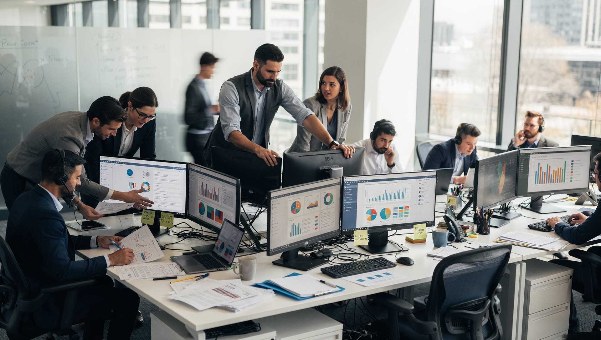 A busy production floor of writers and designers coordinating across screens and dashboards.