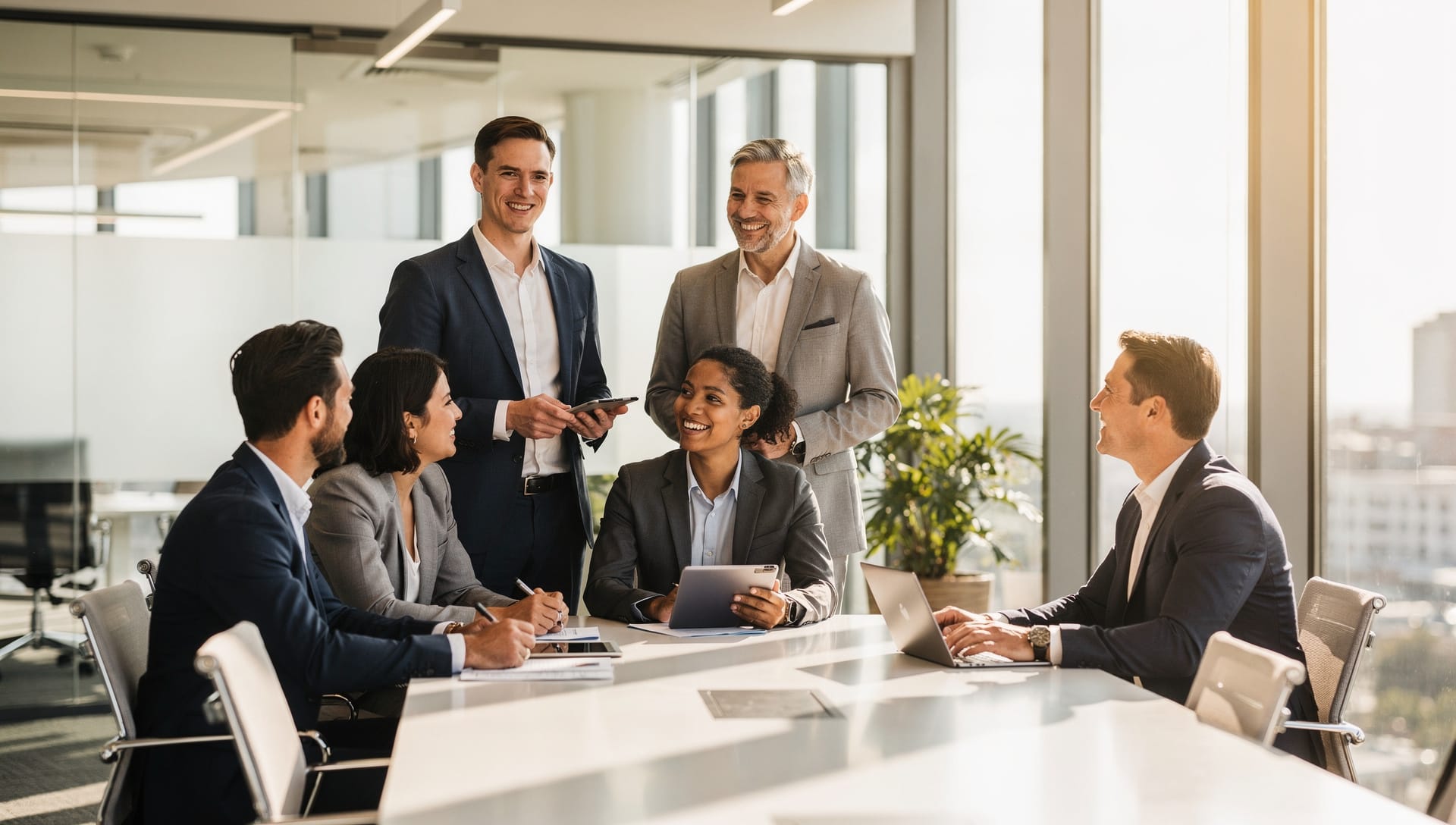 A team of business owners and operations leaders meeting in a bright office.