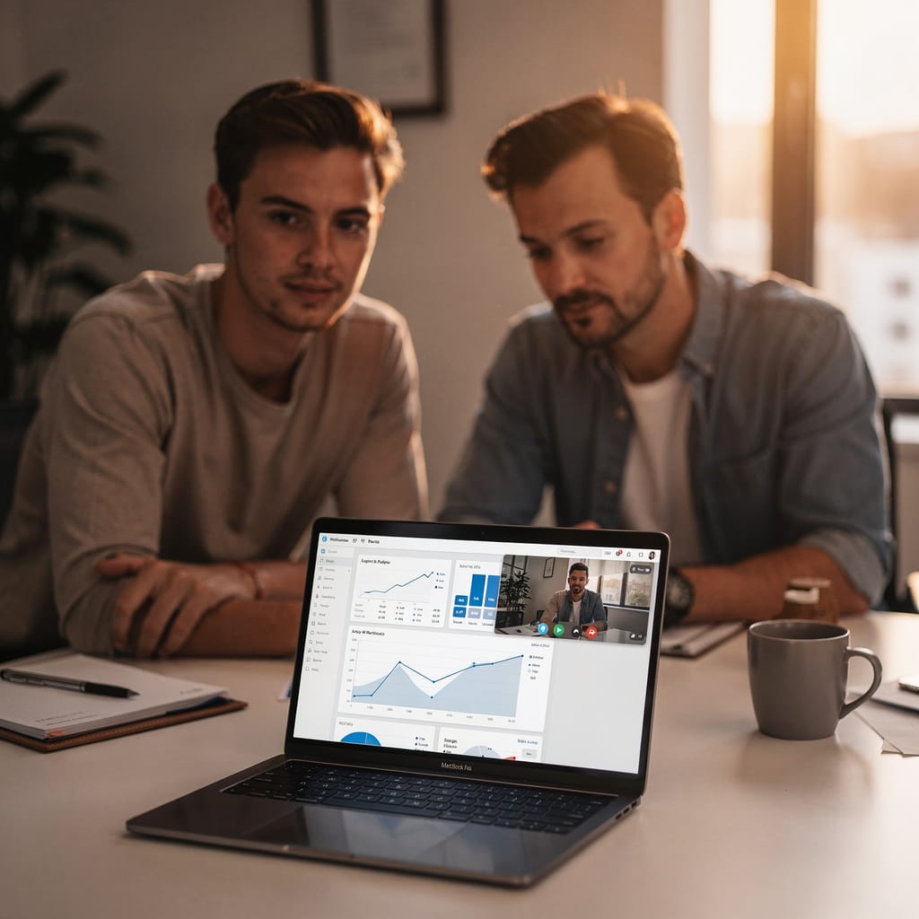 Two operators reviewing their site together at a desk in warm light.