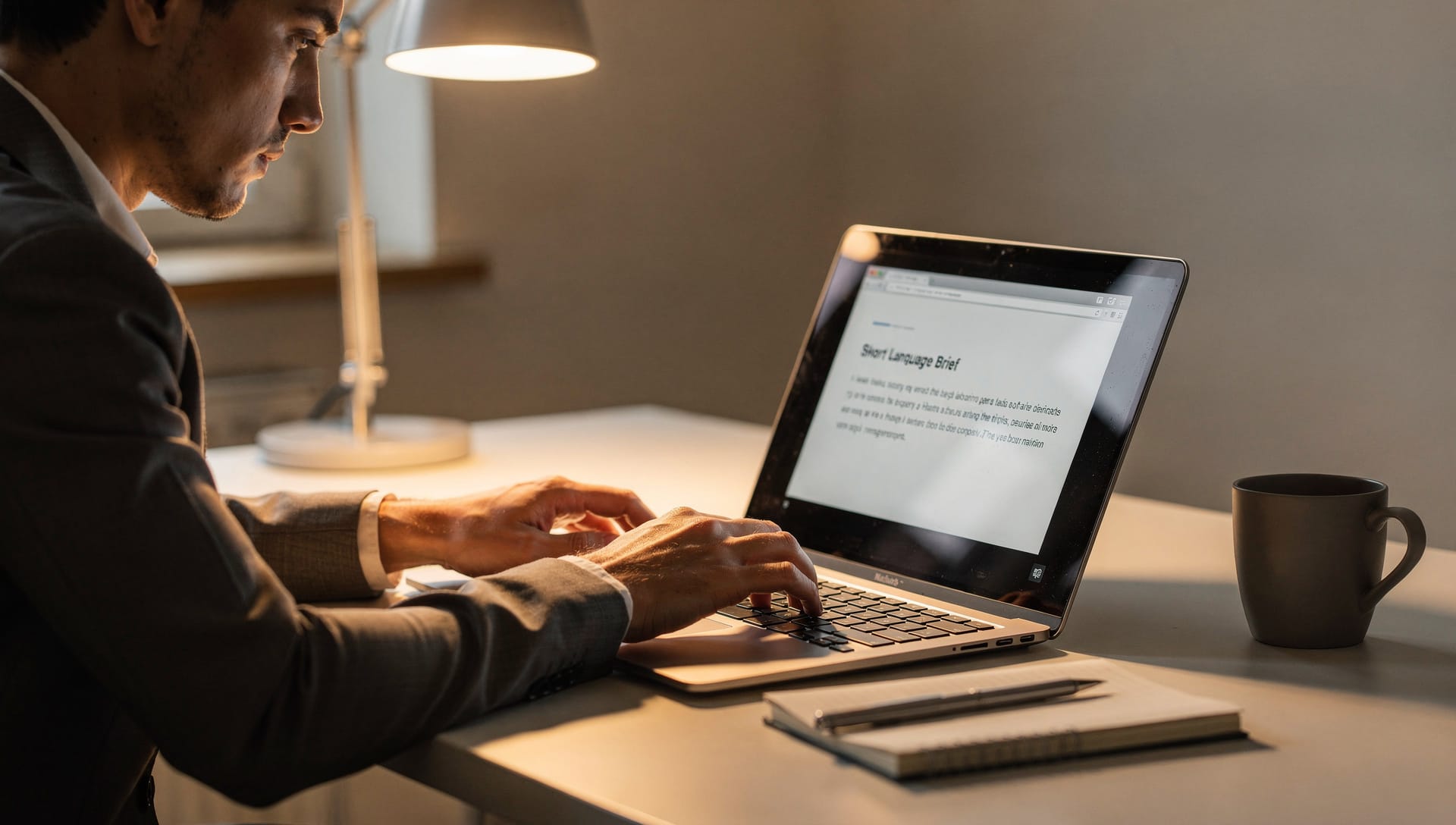 An operator typing a short brief in plain language on a laptop.