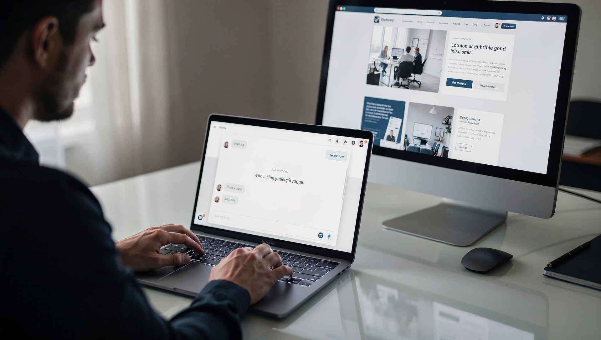 An operator authoring a page in plain language on a laptop, the published website on the monitor beside it.