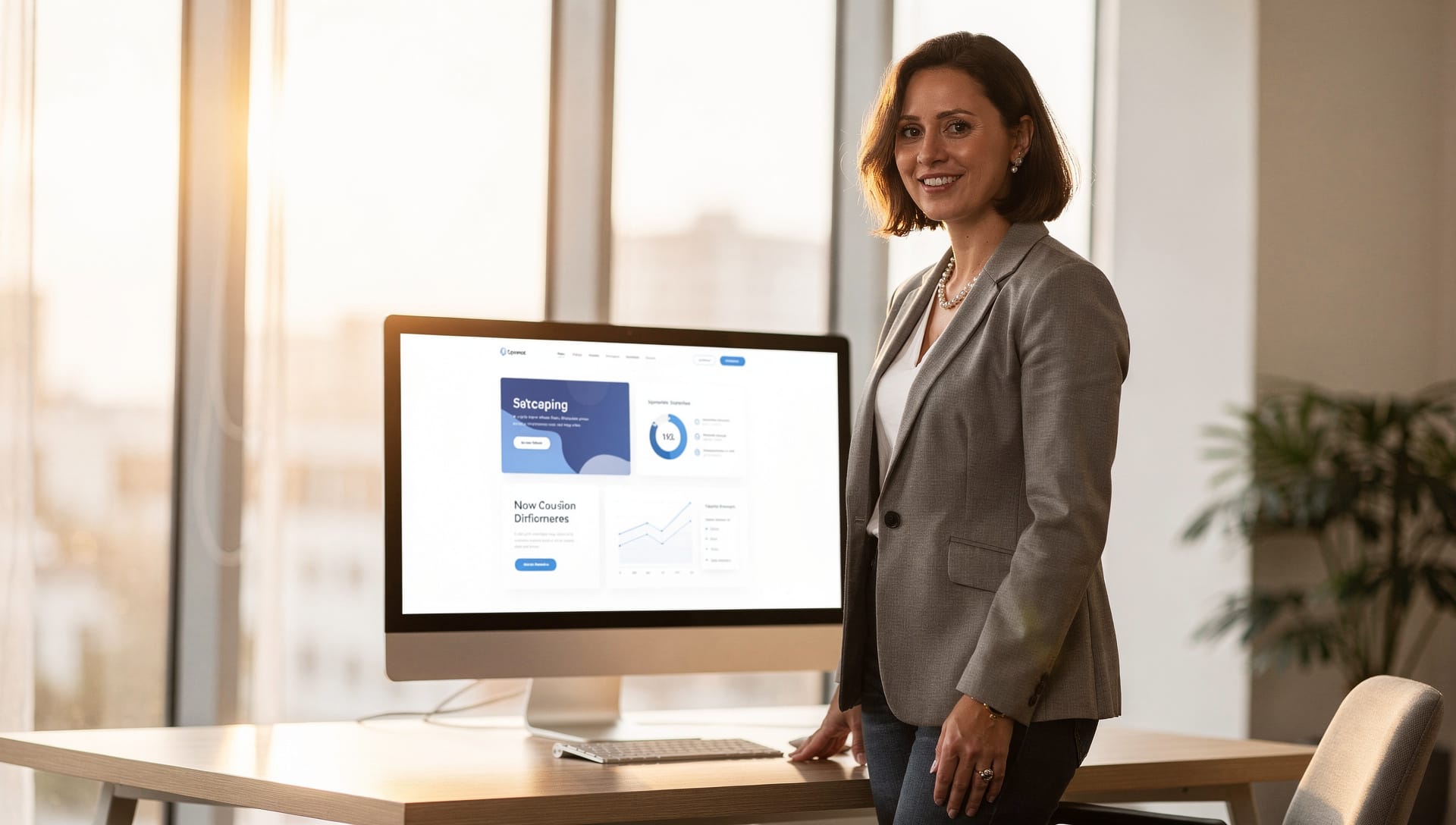 An operator standing beside a screen showing a polished, Casimu-built website.