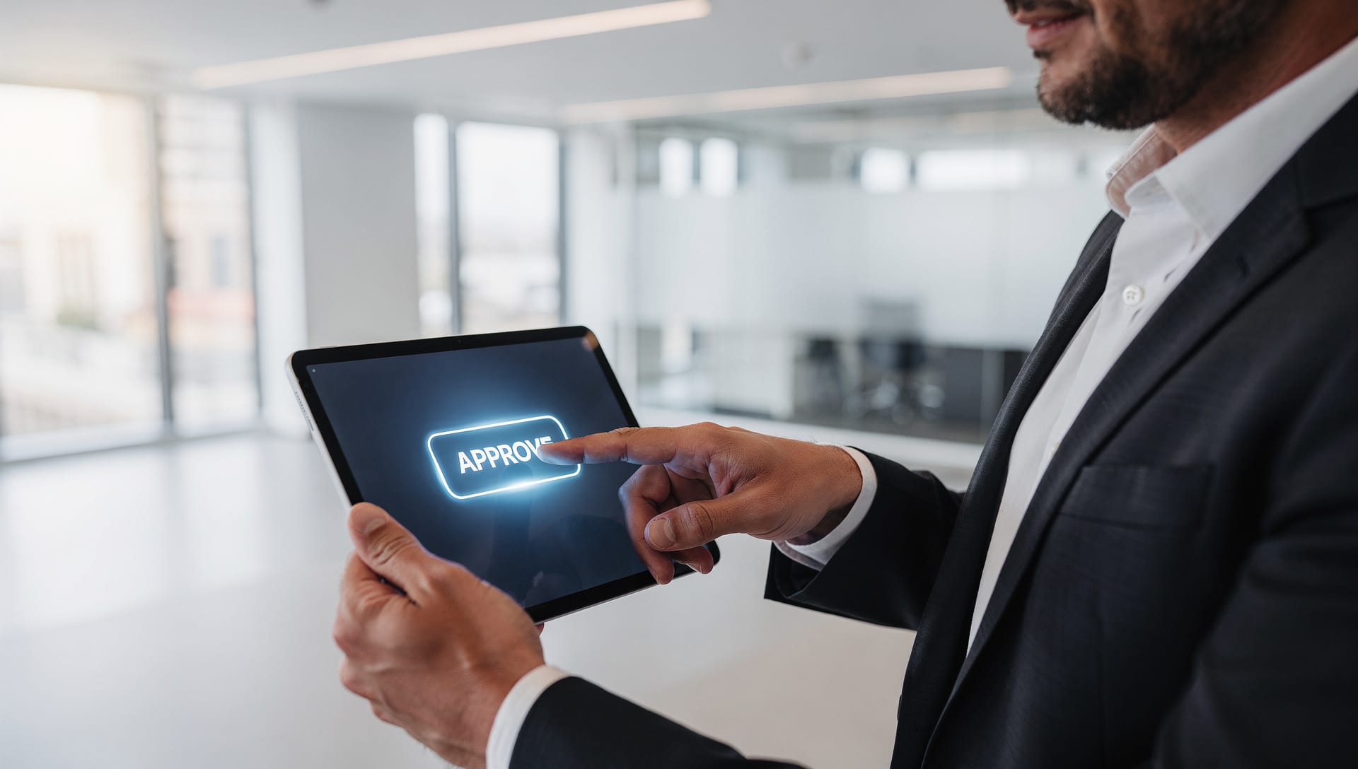 An operator approving a page on a tablet, an Approve control highlighted.