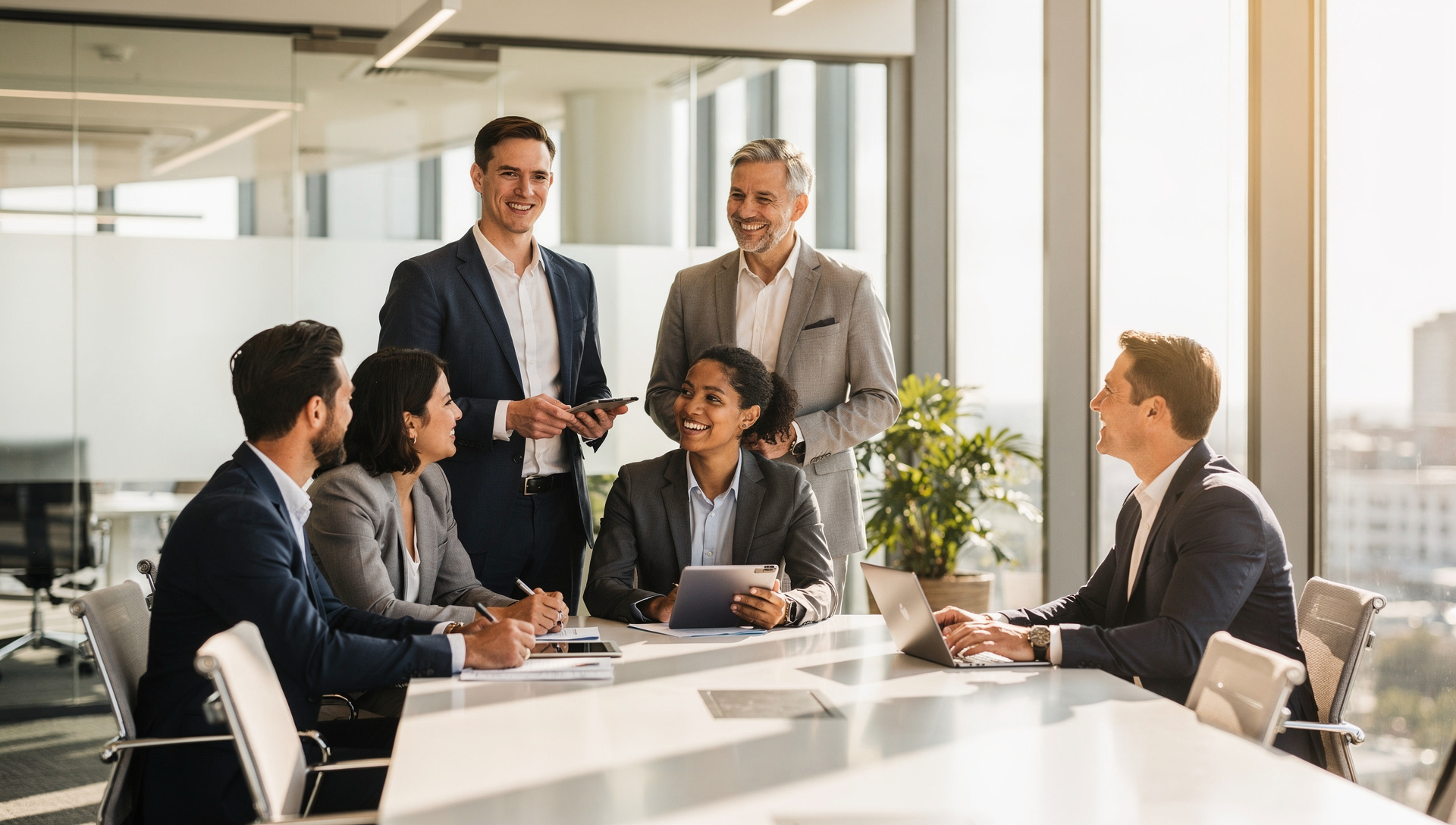 A team of business owners and operations leaders meeting in a bright office.
